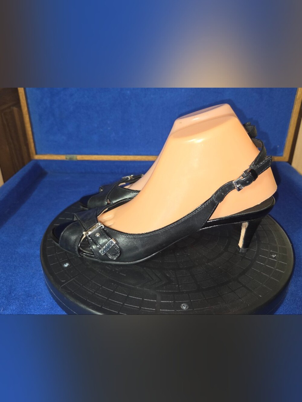 Cole Haan-Nike Air Black Slingback Peep-Toe Heels w/Buckle Accent, Sz. 9.5B-US